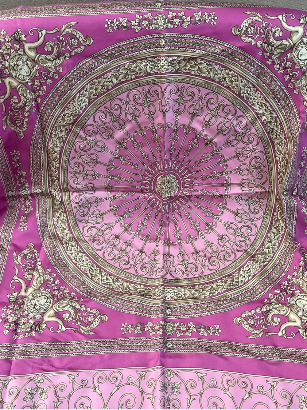 Versace Atelier Pink and Gold Baroque Medallion Silk Scarf